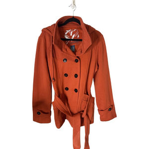 Sebby Orange Double Breasted Pea Coat Belted Hooded- Size L